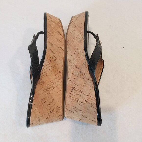 Coach 6.5 Strappy Sandal Wedge Cork Black Patent Leather Jorgina Signature Thong - Picture 9 of 13
